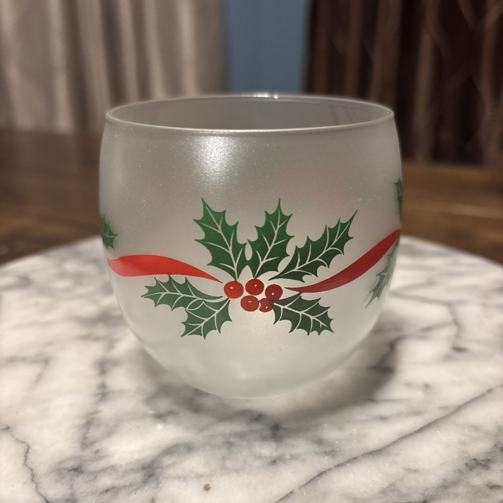 VTG Libbey Frosted Glass Holly Berry Ribbon Votive Christmas Juice Glass Tumbler